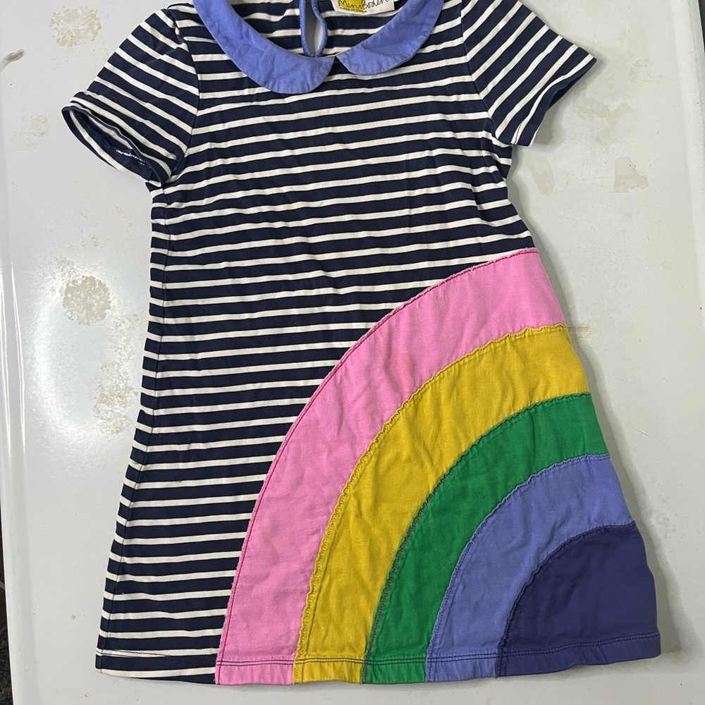Mini Boden Navy Striped Dress with Rainbow Accents